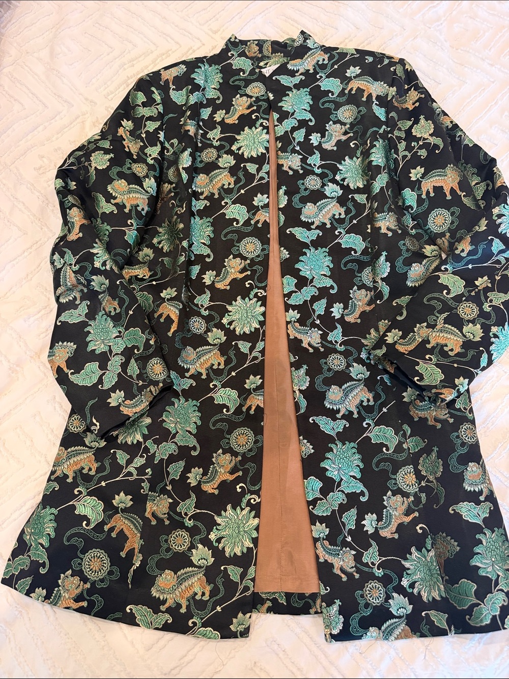 Vintage Black Embroidered Floral & Tiger Coat with Teal Accents